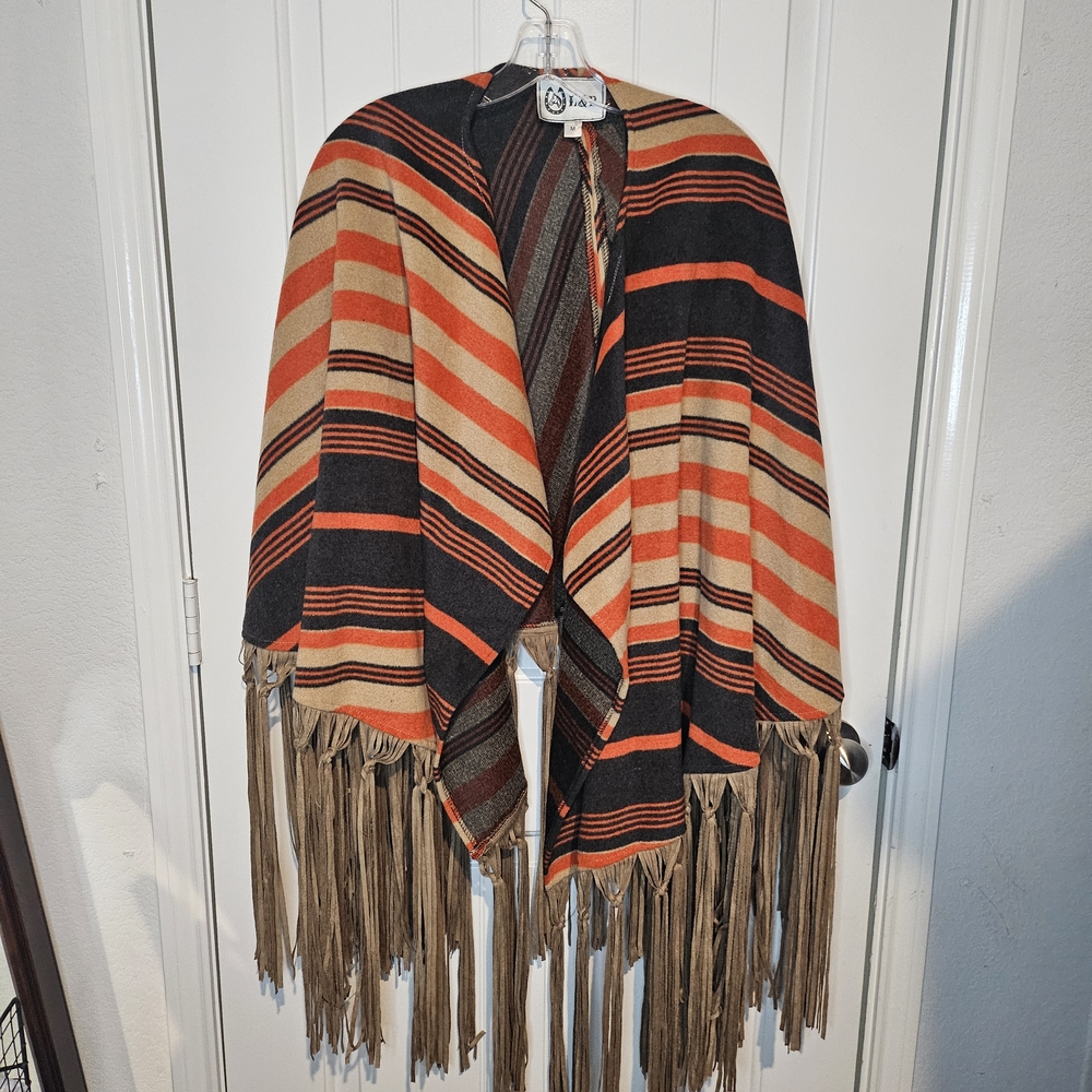 L&B Multicolor Striped Cape with Fringe